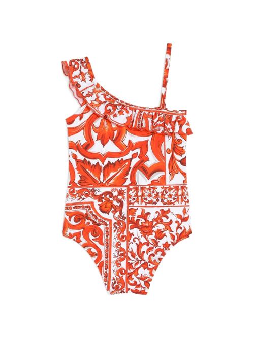 Costume intero neonata Dolce e Gabbana multicolor con stampa Maiolica e ruches Dolce & Gabbana Kids | L2J873ON0GUIO3TN